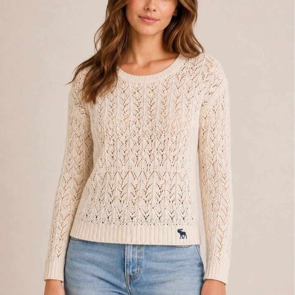 Abercrombie & Fitch Cream Pointelle Lace Knit Crewneck Sweater Small Cottagecore